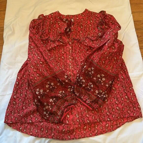 Joie Peasant Style Floral Print Long Sleeve shirt Button Down Ruffled Detail LG - Picture 8 of 10